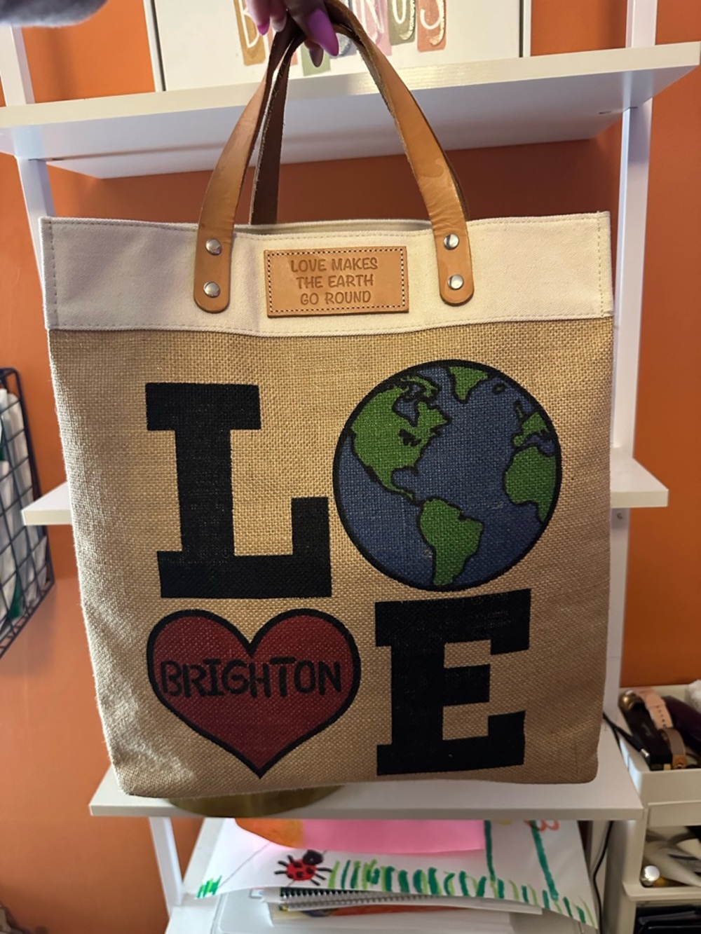 BRIGHTON “Love Makes the Earth go Round” Tote Bag w/leather straps(EUC)